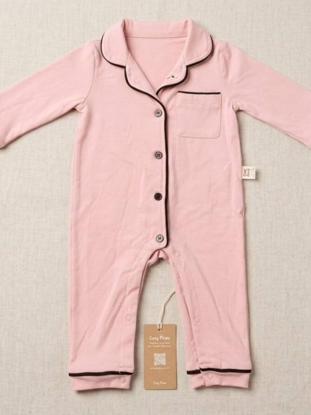 Cosy Pines Baby Girl 9M Pink Pajama Style Coverall Romper Black Piping NWT
